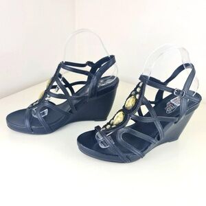 Kenneth Cole Unlisted Black Wedge Jewel Sandals Women Size 8.5 M